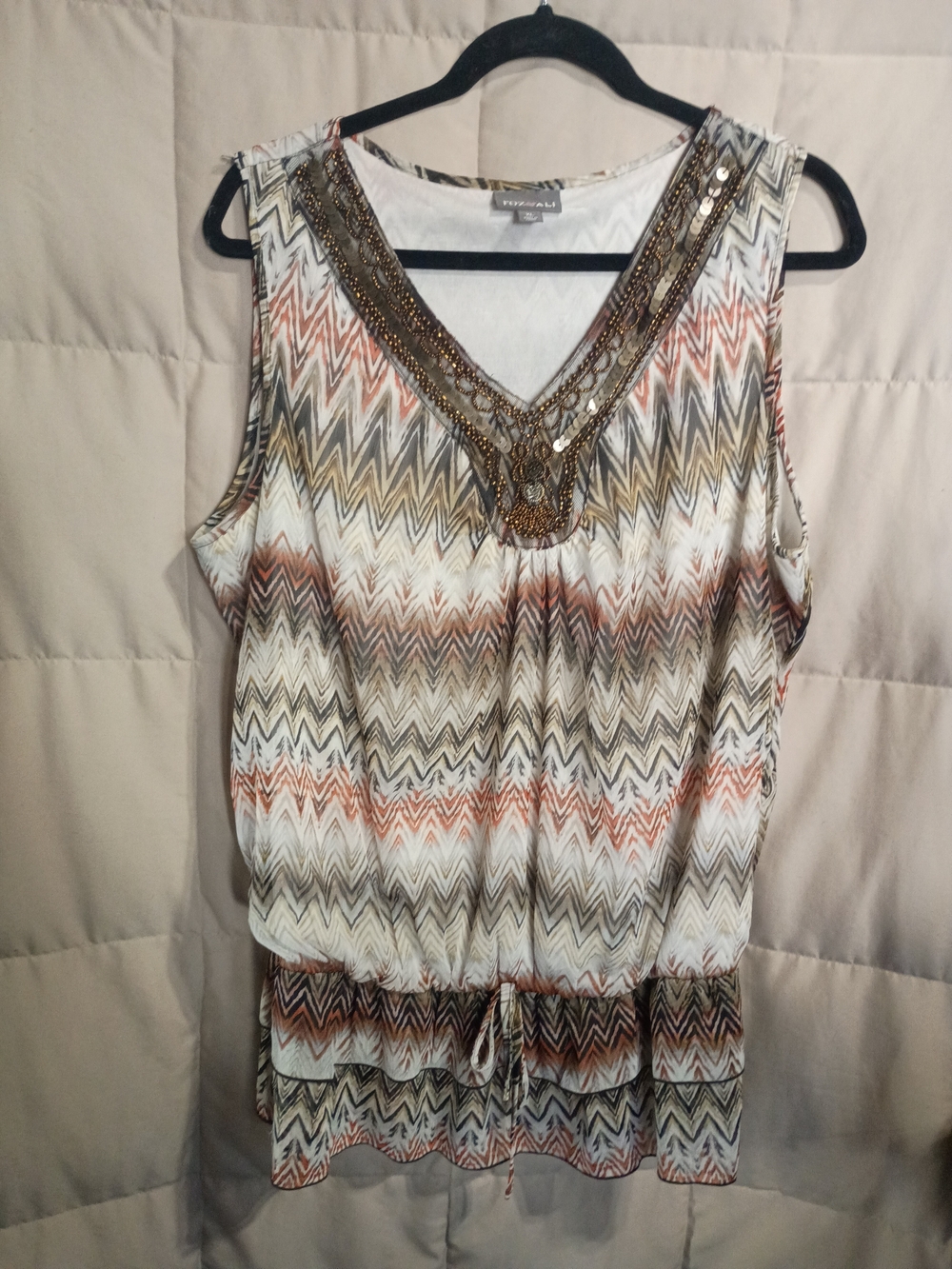 Roz & Ali Beaded V-Neck Chevron Sleeveless Blouse - White, Brown & Rust